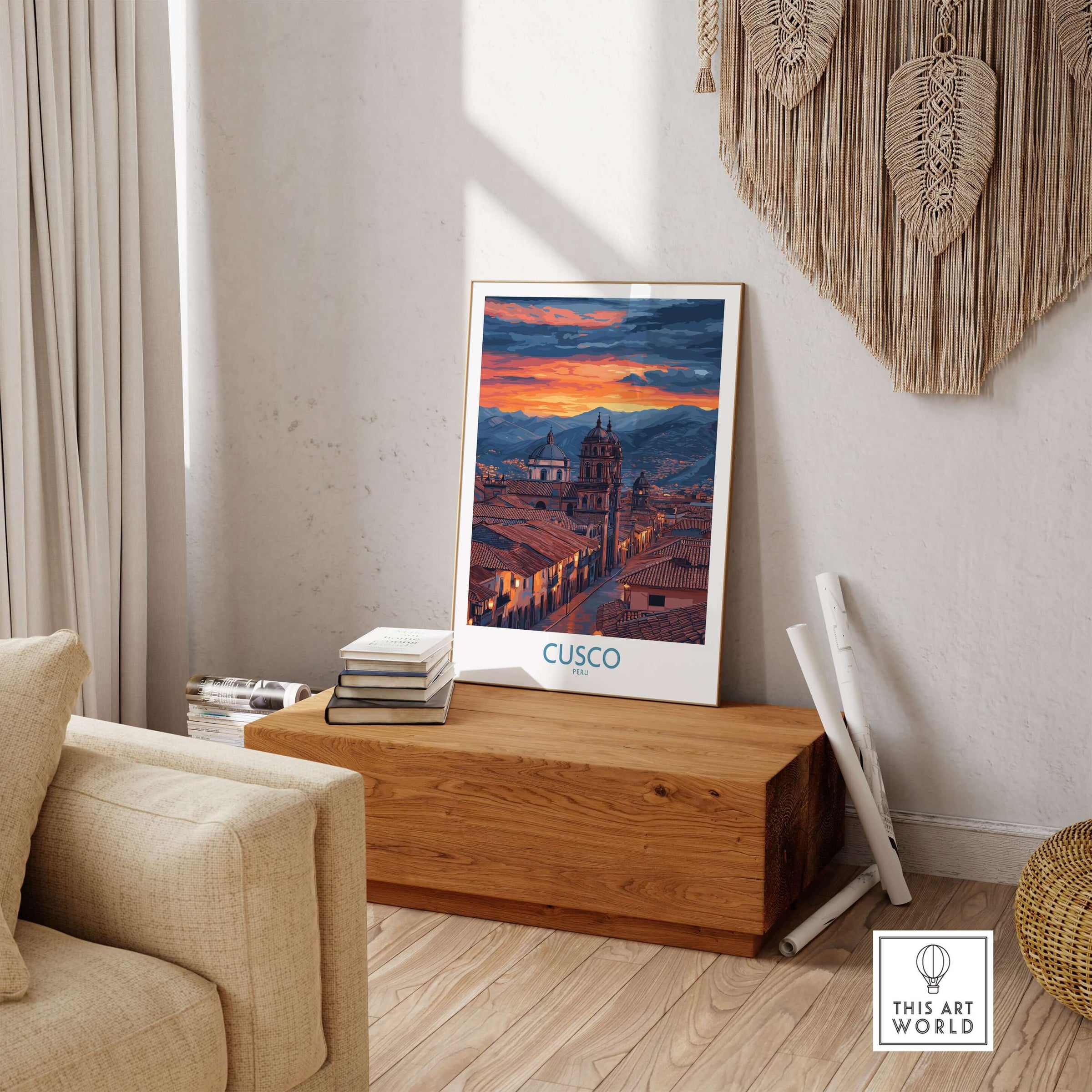 Cusco Peru Twilight Cityscape Art Print | Historic Rooftops Poster displayed in a stylish living room setting.