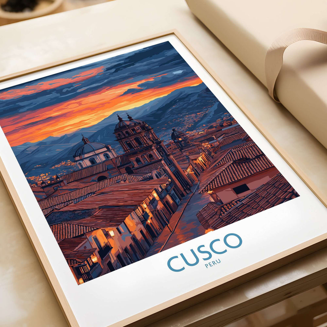 Cusco Peru Twilight Cityscape Art Print | Historic Rooftops Poster framed with a sunset view over historic rooftops.