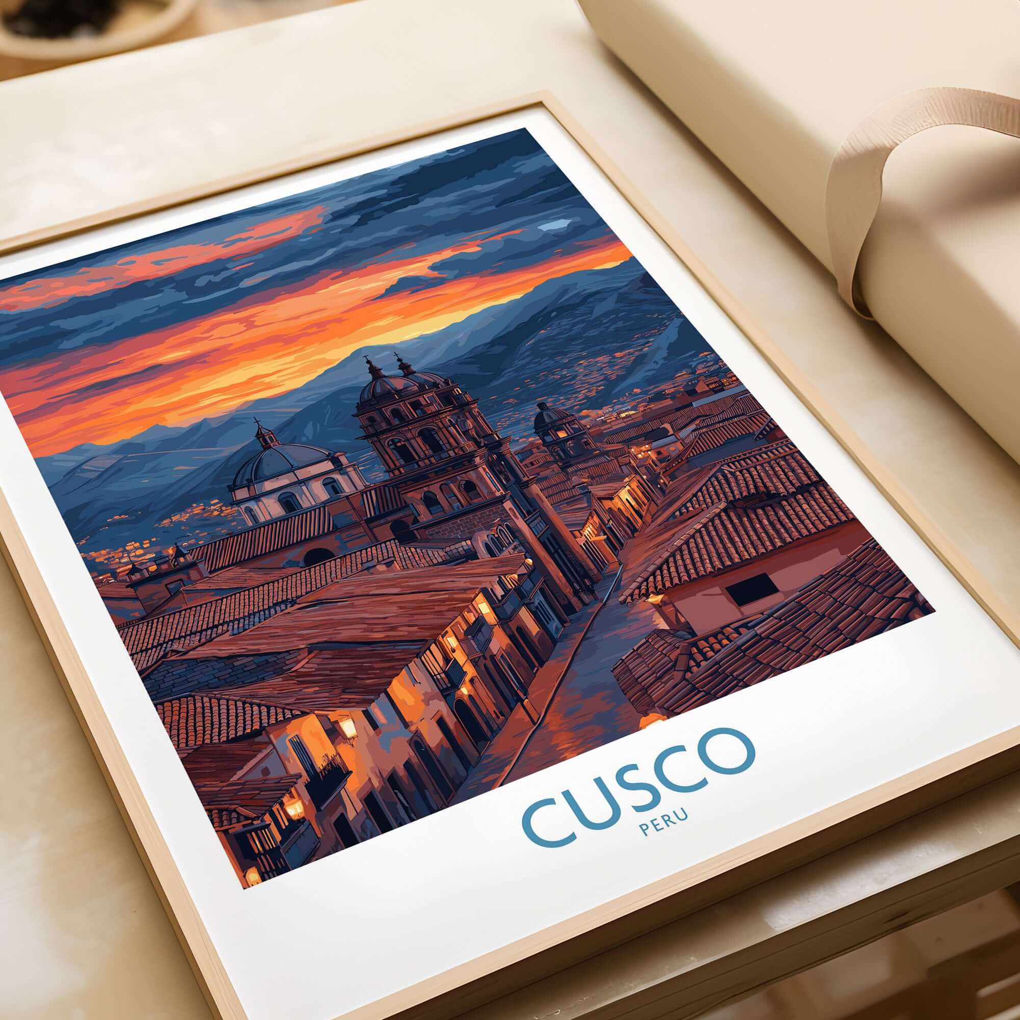 Cusco Peru Twilight Cityscape Art Print | Historic Rooftops Poster showcasing rooftops and twilight sky.