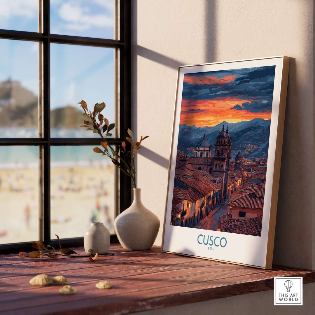 Cusco Peru Twilight Cityscape Art Print | Historic Rooftops Poster displayed on a windowsill with a scenic view.