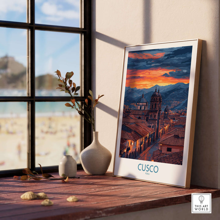 Cusco Peru Twilight Cityscape Art Print | Historic Rooftops Poster displayed on a windowsill with a scenic view.