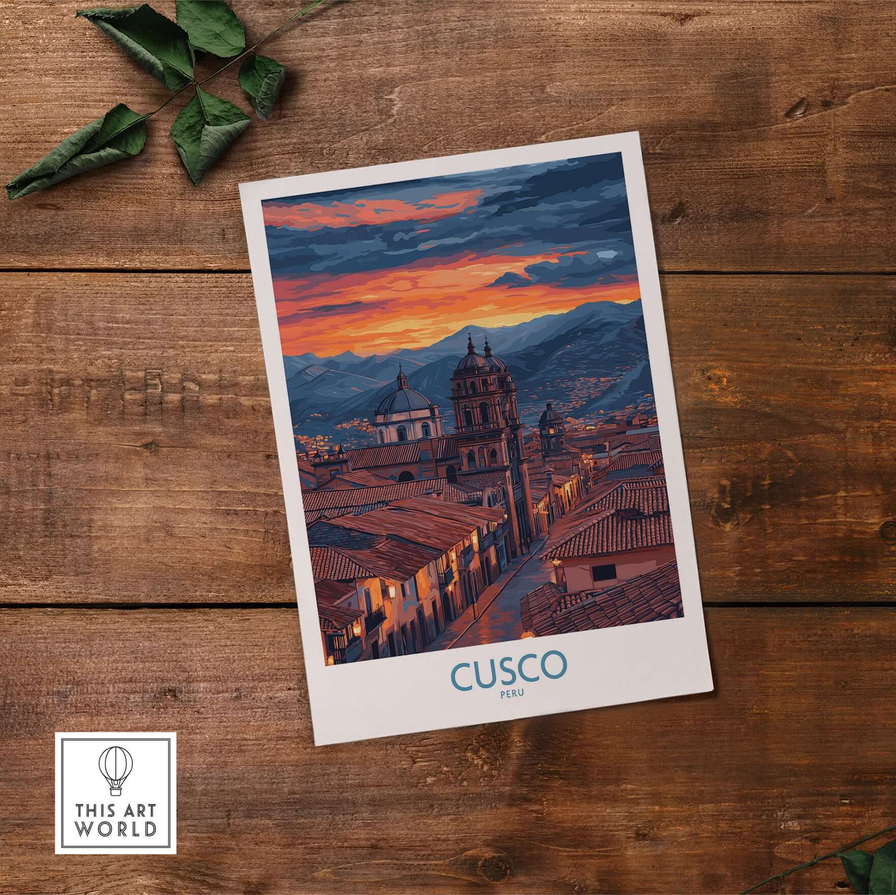 Cusco Peru Twilight Cityscape Art Print | Historic Rooftops Poster displayed on wooden table with vibrant colors.