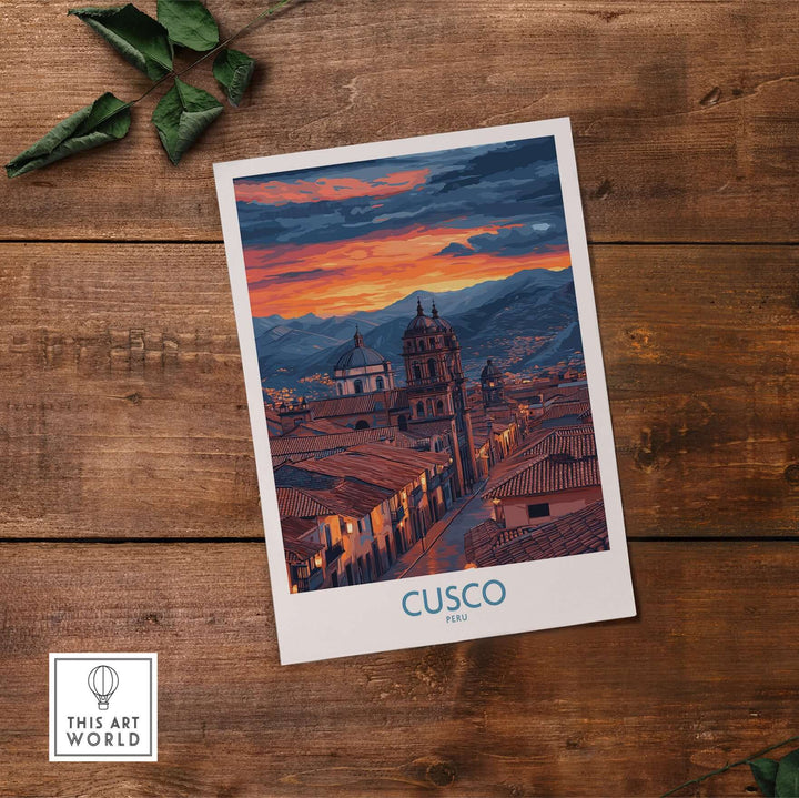 Cusco Peru Twilight Cityscape Art Print | Historic Rooftops Poster showcasing a vibrant twilight skyline.