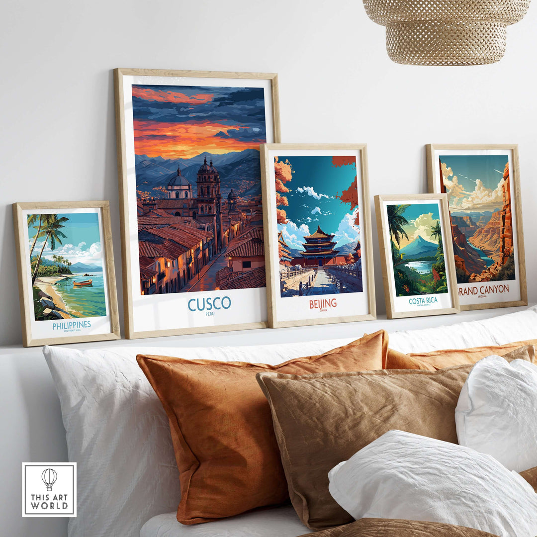 Cusco Peru Twilight Cityscape Art Print | Historic Rooftops Poster displayed with other travel art prints on a cozy couch.