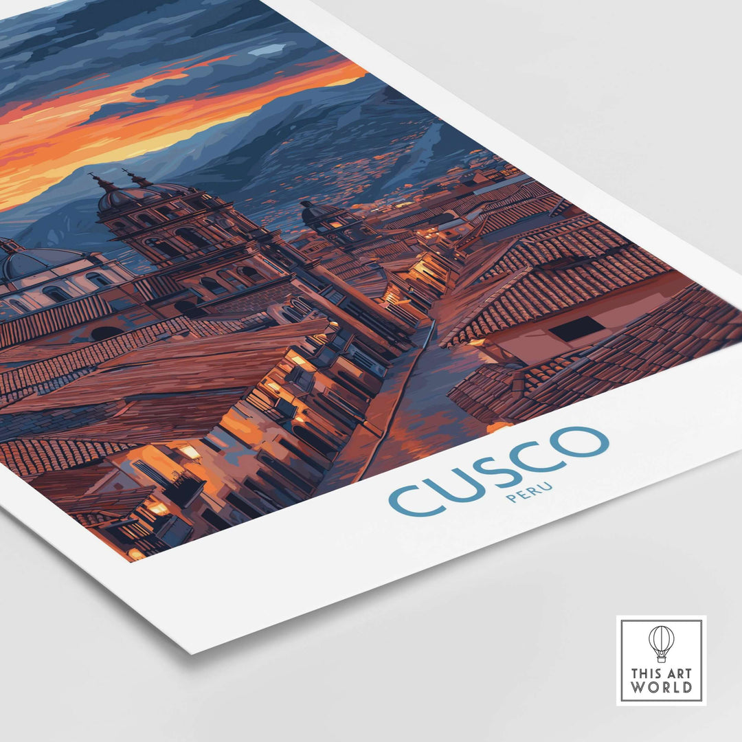 Cusco Peru Twilight Cityscape Art Print | Historic Rooftops Poster showcasing a vibrant twilight skyline.