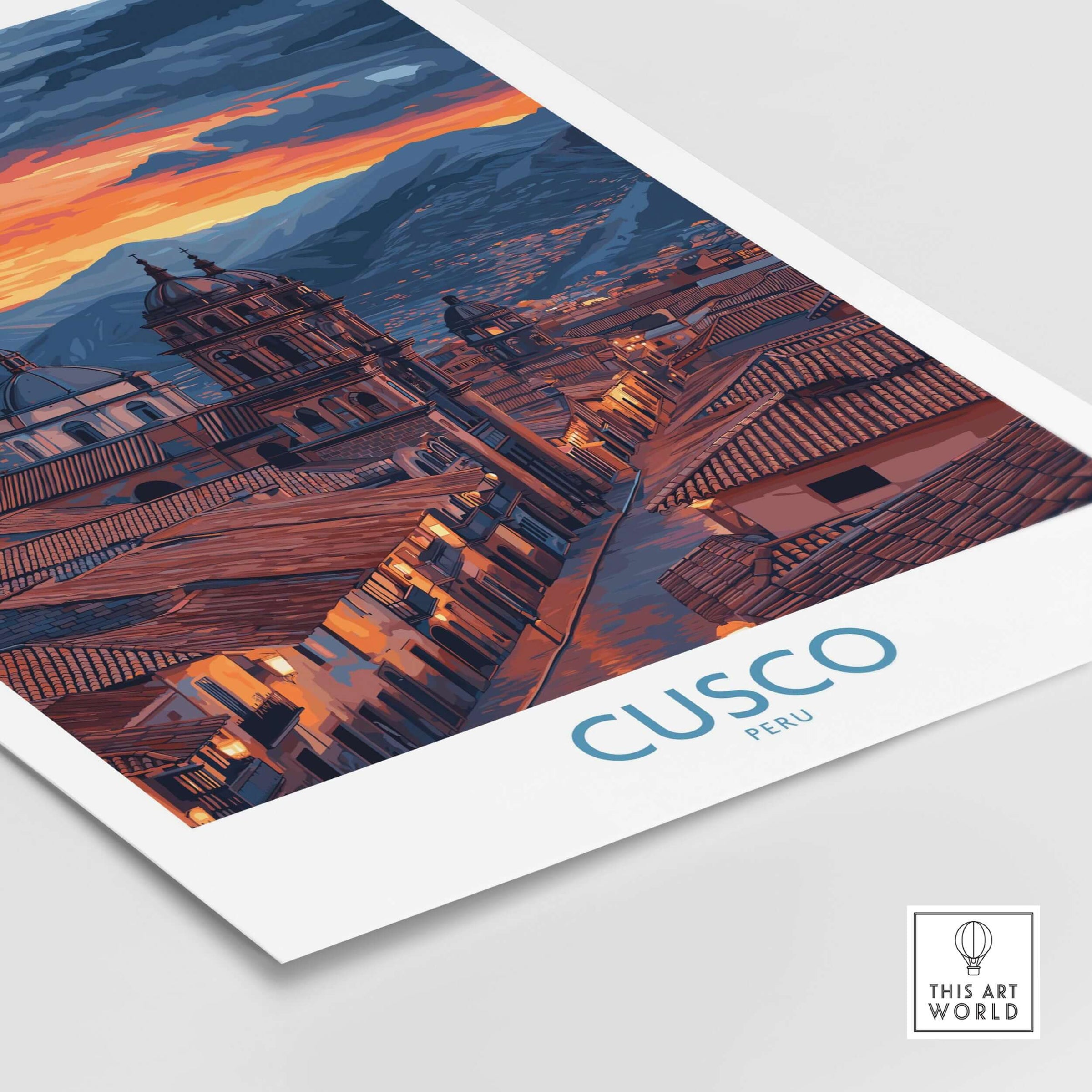 Cusco Peru Twilight Cityscape Art Print | Historic Rooftops Poster showcasing historic rooftops under a vibrant twilight sky.