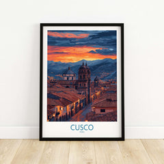 Cusco Peru Twilight Cityscape Art Print | Historic Rooftops Poster framed in a modern setting with a stunning sunset.