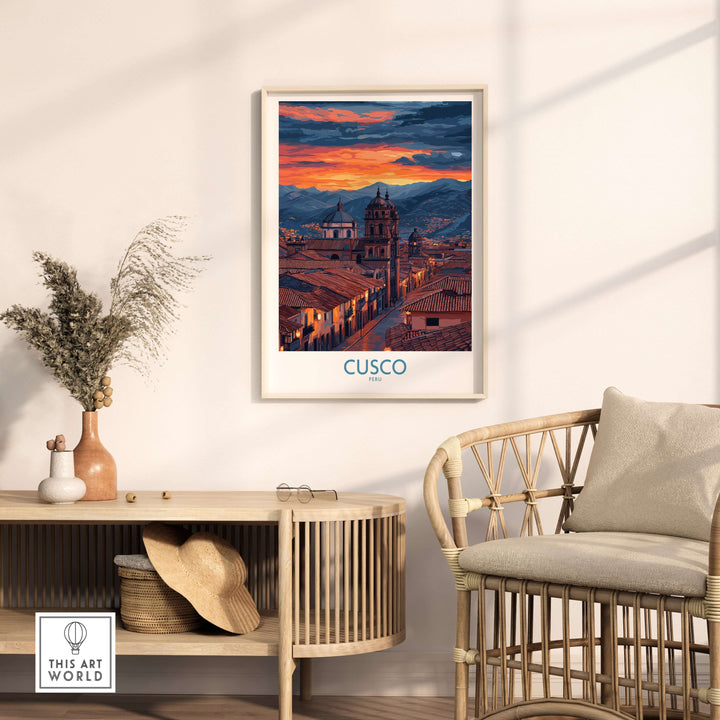 Cusco Peru Twilight Cityscape Art Print | Historic Rooftops Poster displayed in a modern living room setting.