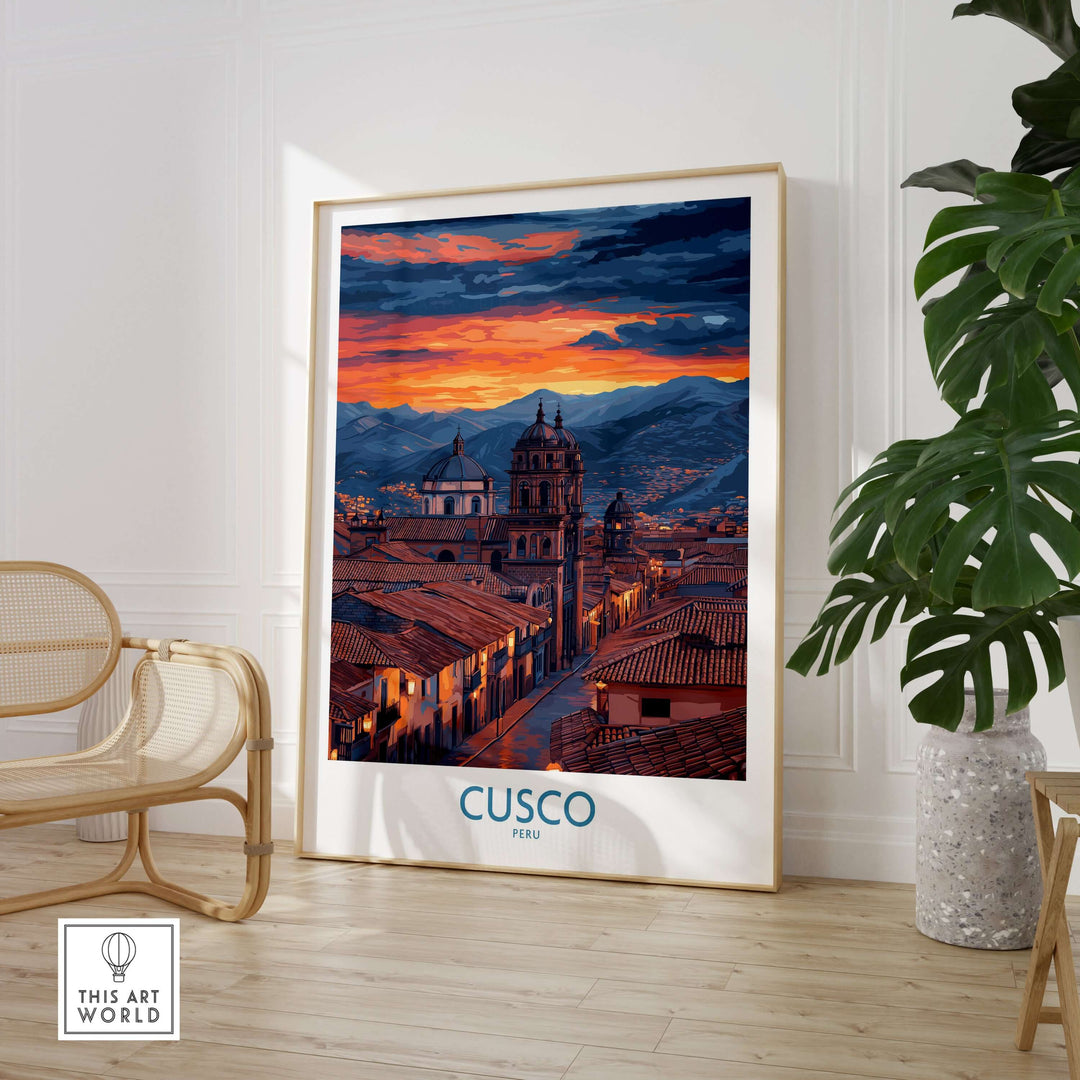 Cusco Peru Twilight Cityscape Art Print | Historic Rooftops Poster showcasing a vibrant sunset over historical rooftops.