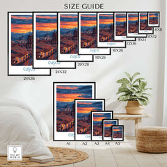 Cusco Peru Twilight Cityscape Art Print | Historic Rooftops Poster size guide showing various print dimensions.