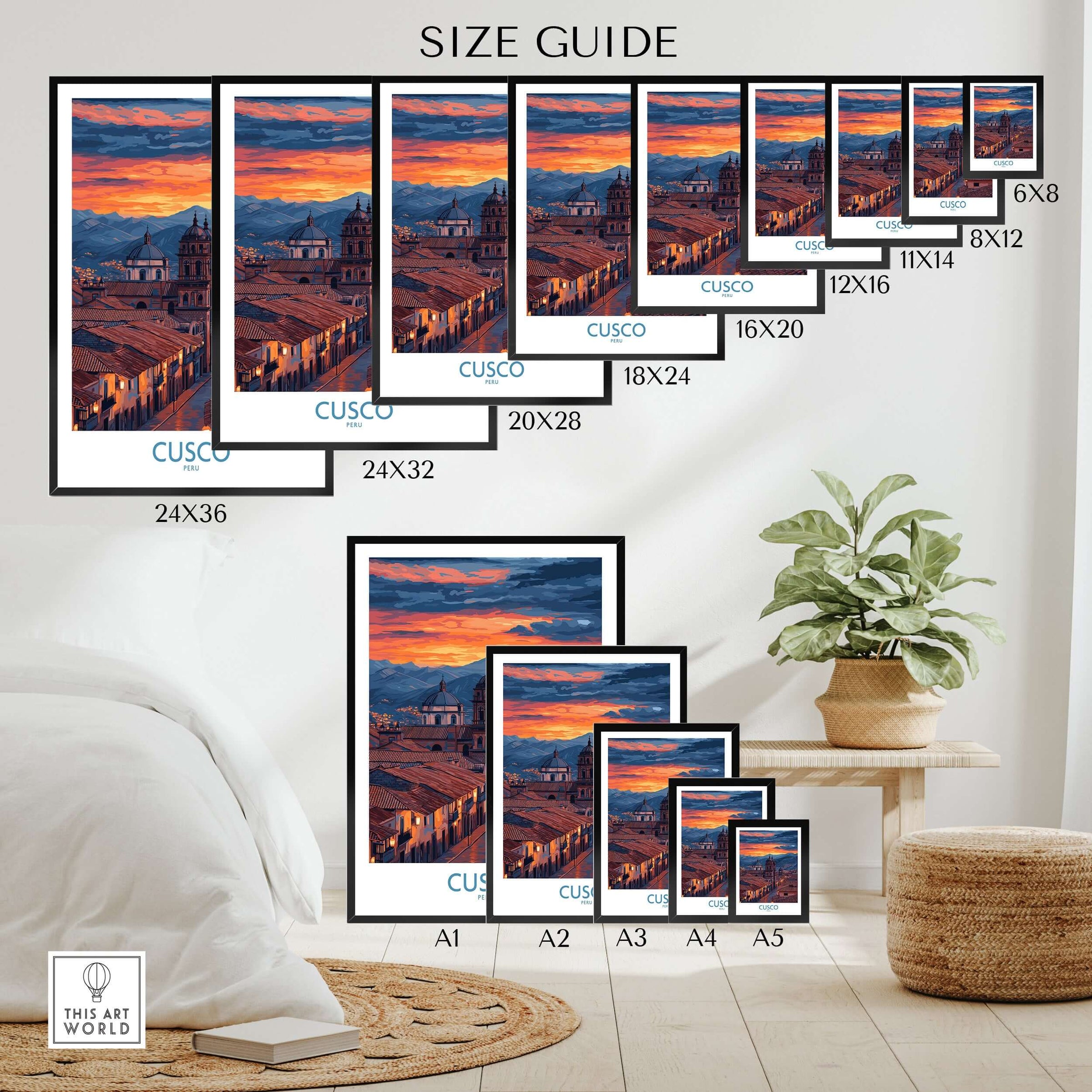 Cusco Peru Twilight Cityscape Art Print | Historic Rooftops Poster size guide showing various print dimensions.