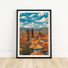 Cusco Print | Andean Mountain Home Decor showcasing the vibrant cityscape of Cusco, Peru with blue skies and mountains.