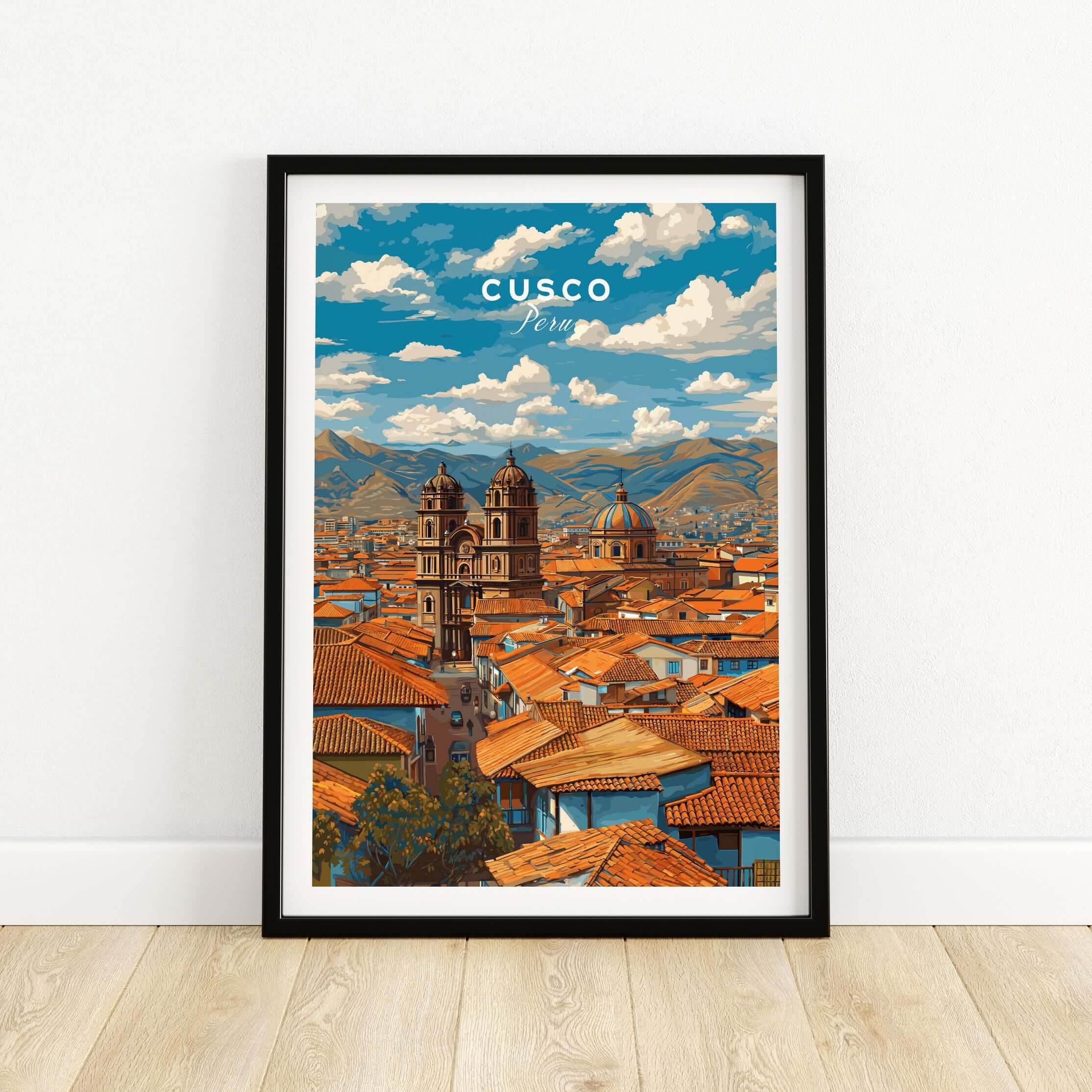 Cusco Print | Andean Mountain Home Decor showcasing the vibrant cityscape of Cusco, Peru with blue skies and mountains.