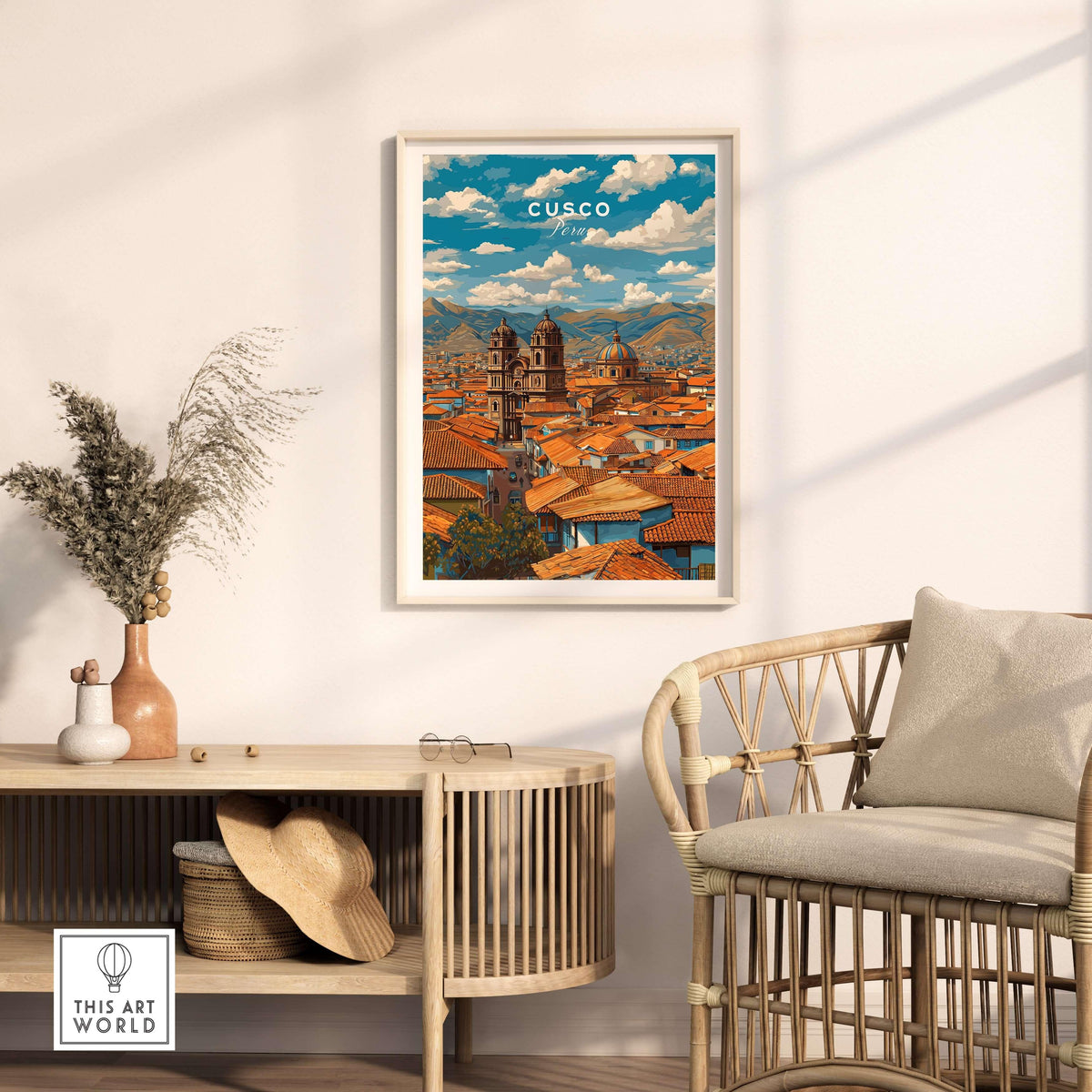 Cusco Print | Andean Mountain Home Decor in a modern room setting showcasing vibrant mountains and culture.