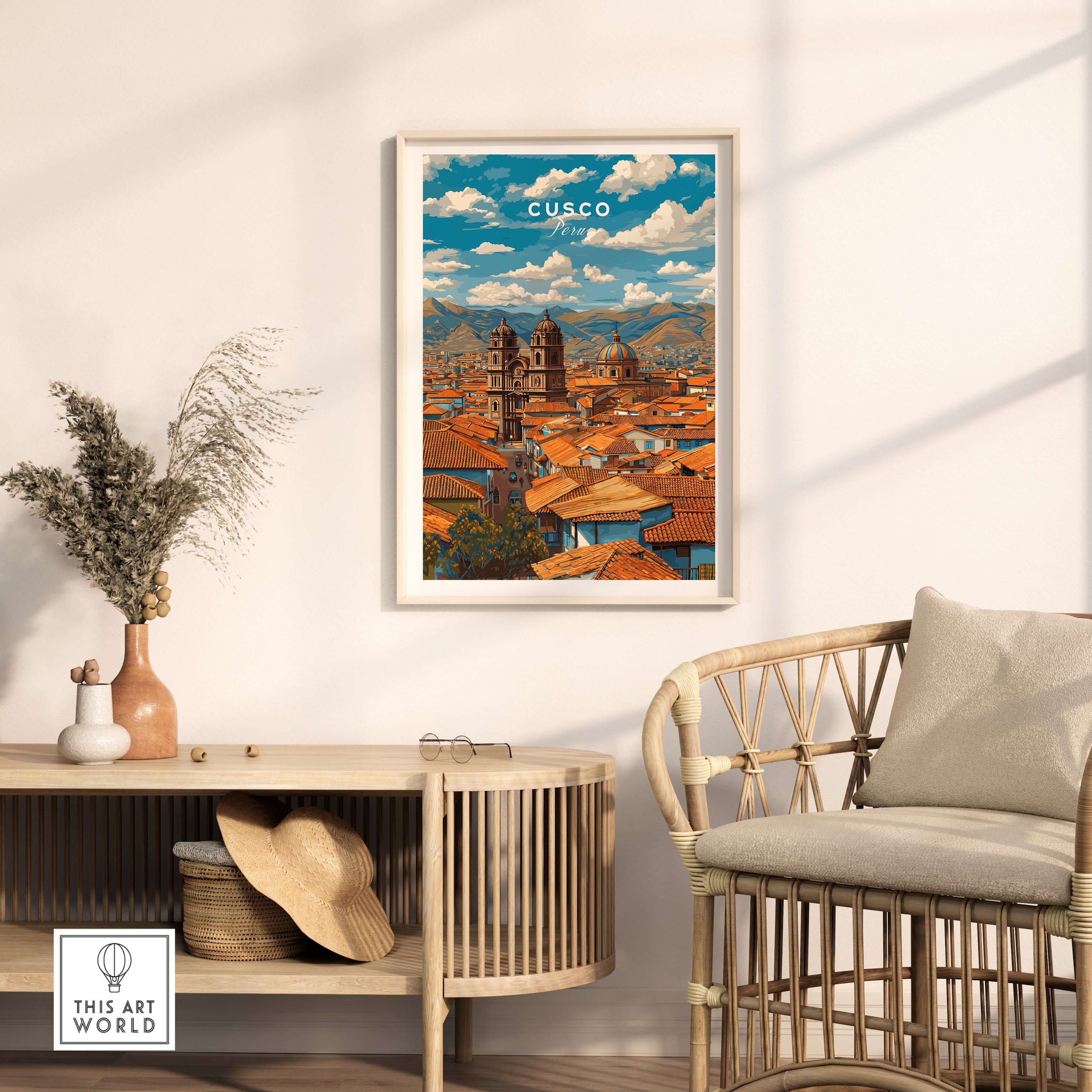 Cusco Print | Andean Mountain Home Decor in a modern room setting showcasing vibrant mountains and culture.