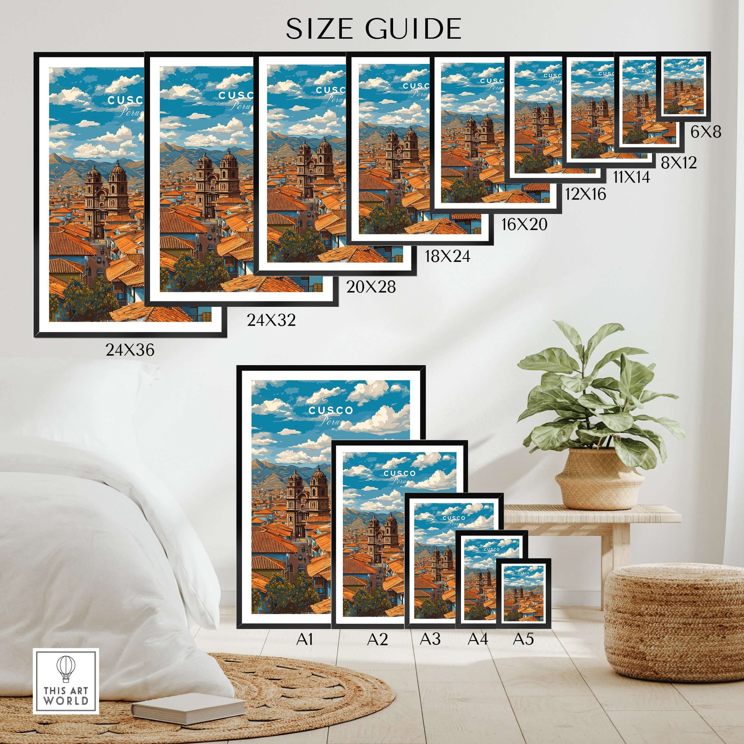 Cusco Print | Andean Mountain Home Decor size guide showcasing various print dimensions.