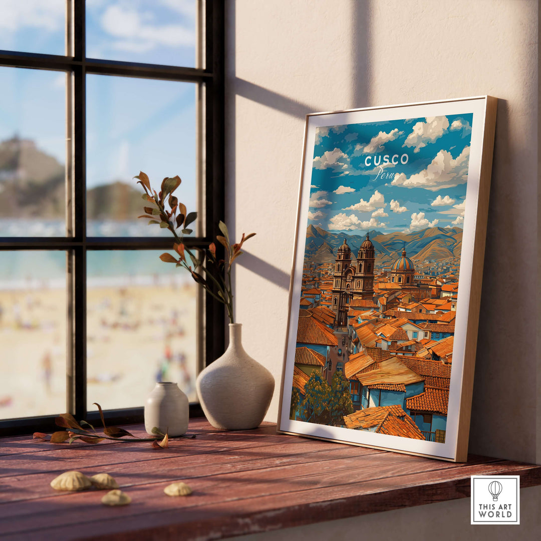 Cusco Print | Andean Mountain Home Decor framed in a bright room with a beach view and stylish decor elements.