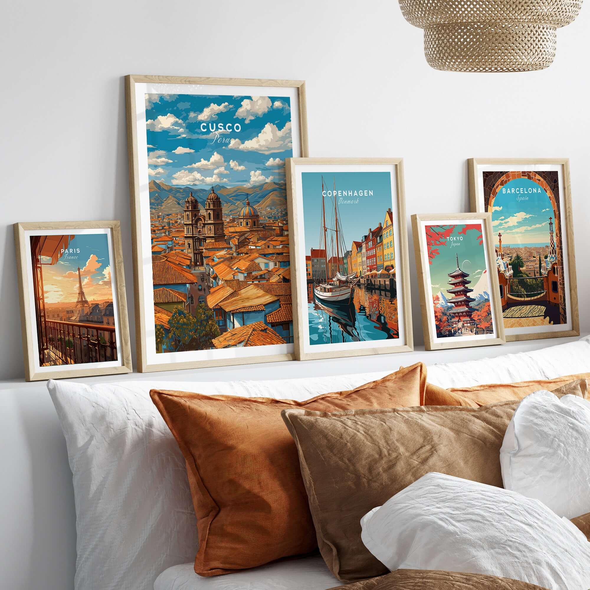 Cusco Print | Andean Mountain Home Decor displayed alongside other travel-themed art in a stylish interior setting.