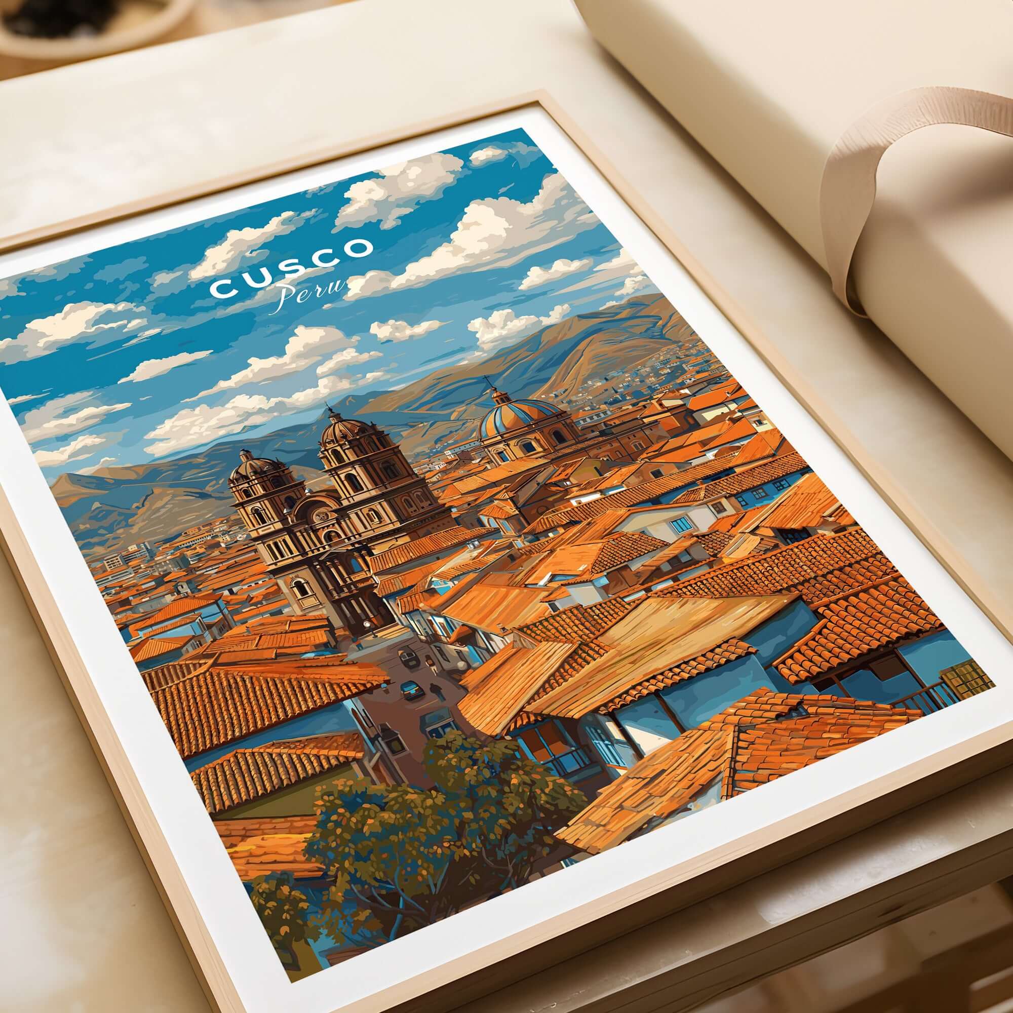 Cusco Print | Andean Mountain Home Decor showcasing a vibrant Cusco landscape with red rooftops and mountains.