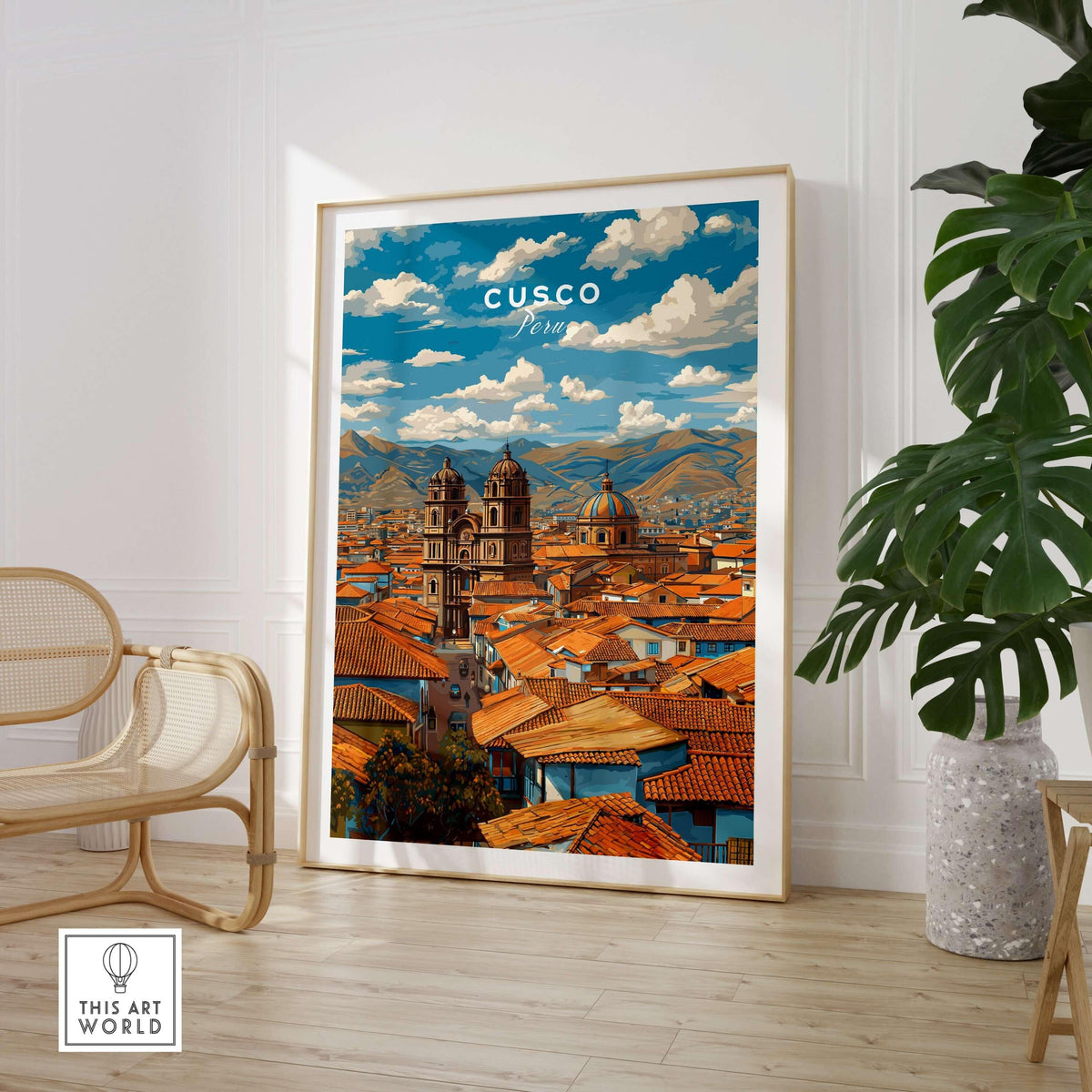Cusco Print | Andean Mountain Home Decor featuring colorful rooftops and mountains in a stylish interior setting.