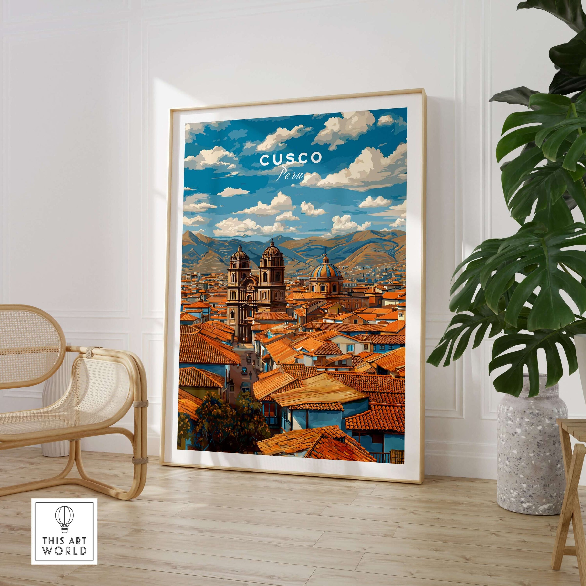 Cusco Print | Andean Mountain Home Decor featuring colorful rooftops and mountains in a stylish interior setting.