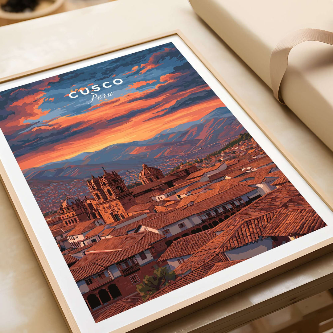 Cusco Print | Peru Travel Wall Decor showcasing beautiful sunset over Cusco rooftops.