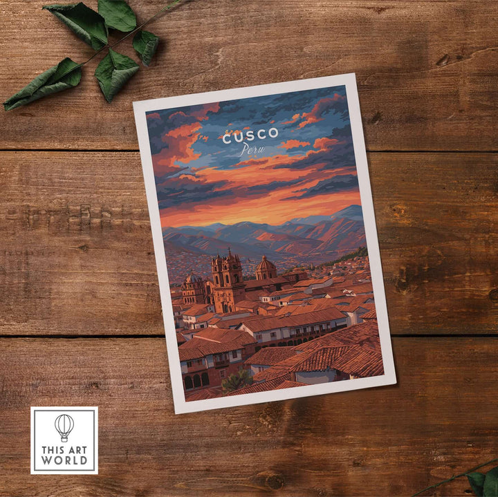 Cusco Print | Peru Travel Wall Decor showcasing the vibrant cityscape of Cusco at sunset.