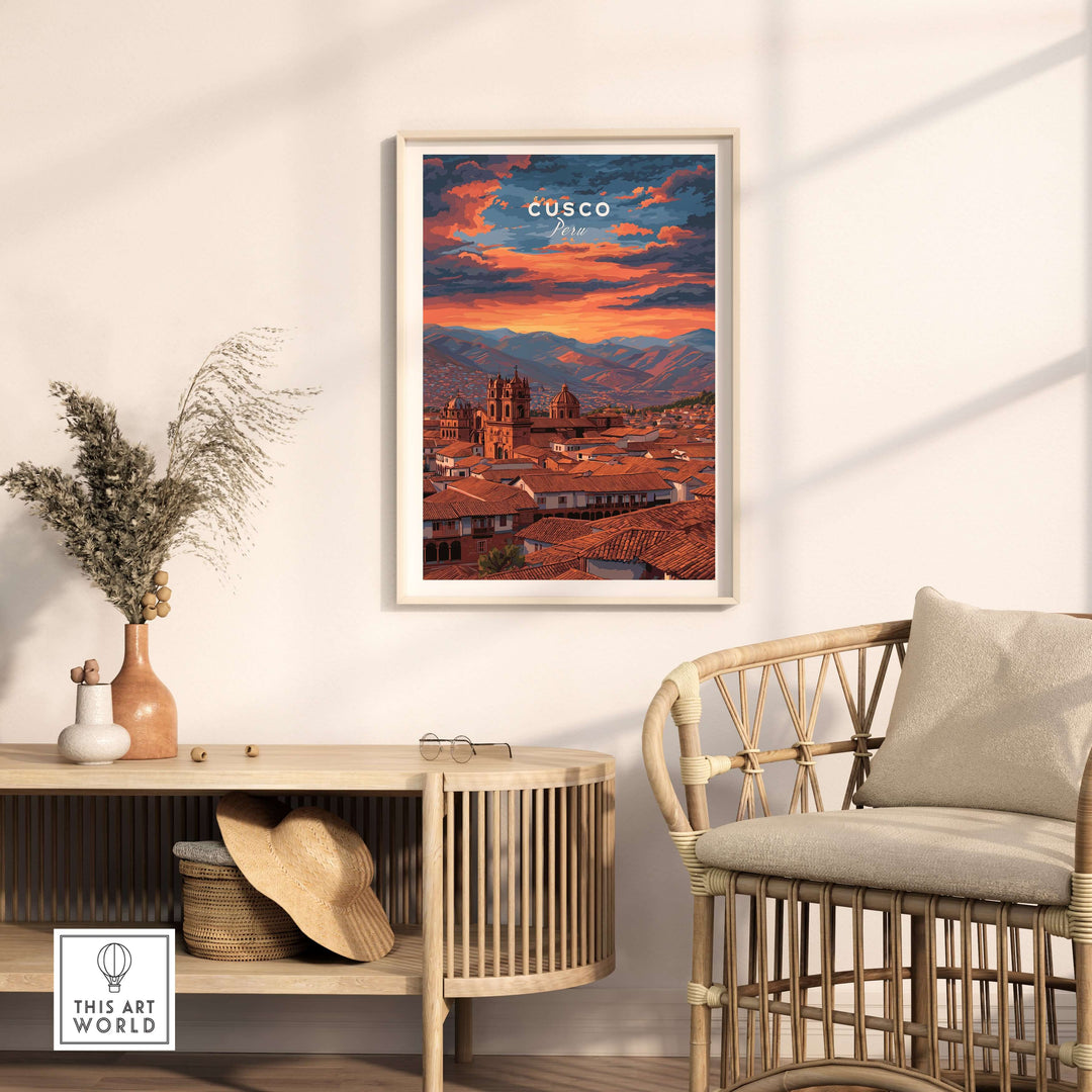 Cusco Print | Peru Travel Wall Decor showcased in a stylish living room setting with warm colors.