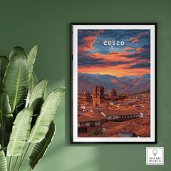 Cusco Print | Peru Travel Wall Decor showcasing stunning sunset over Cusco's historic rooftops and mountains.