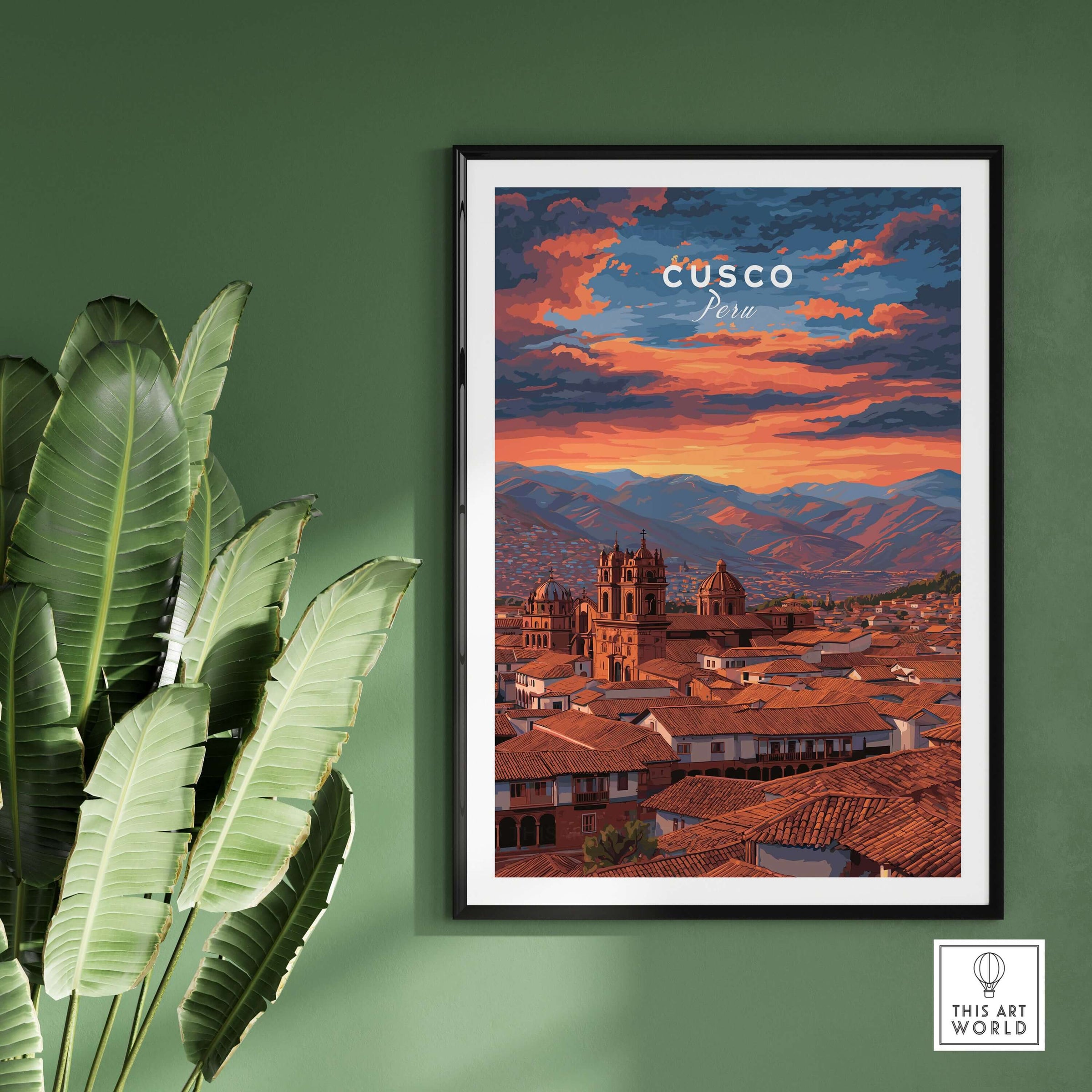 Cusco Print | Peru Travel Wall Decor showcasing stunning sunset over Cusco's historic rooftops and mountains.
