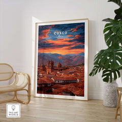 Cusco Print | Peru Travel Wall Decor featuring a stunning sunset view over historic Cusco cityscape.