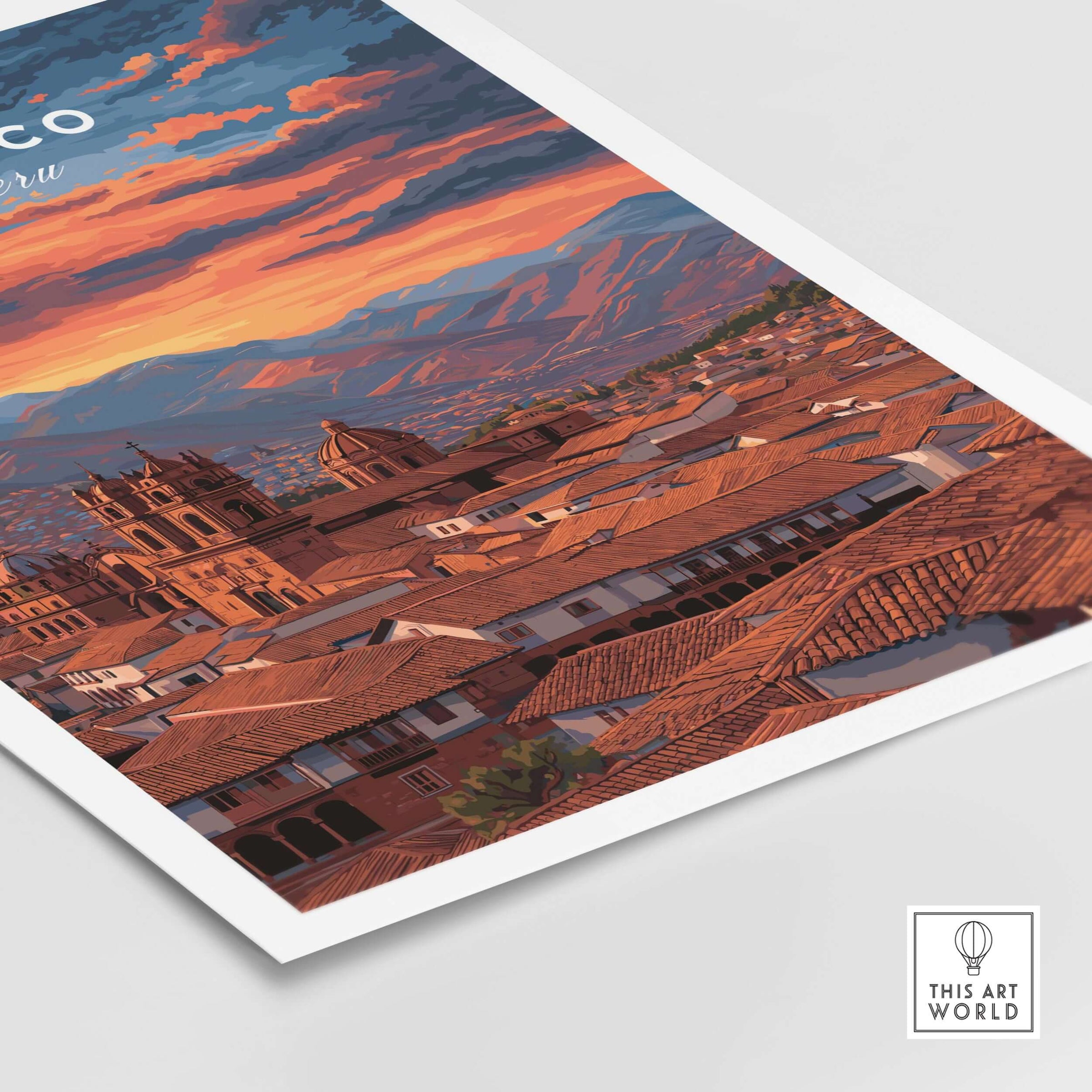 Cusco Print | Peru Travel Wall Decor featuring a stunning sunset over the rooftops of Cusco, showcasing Peruvian culture.