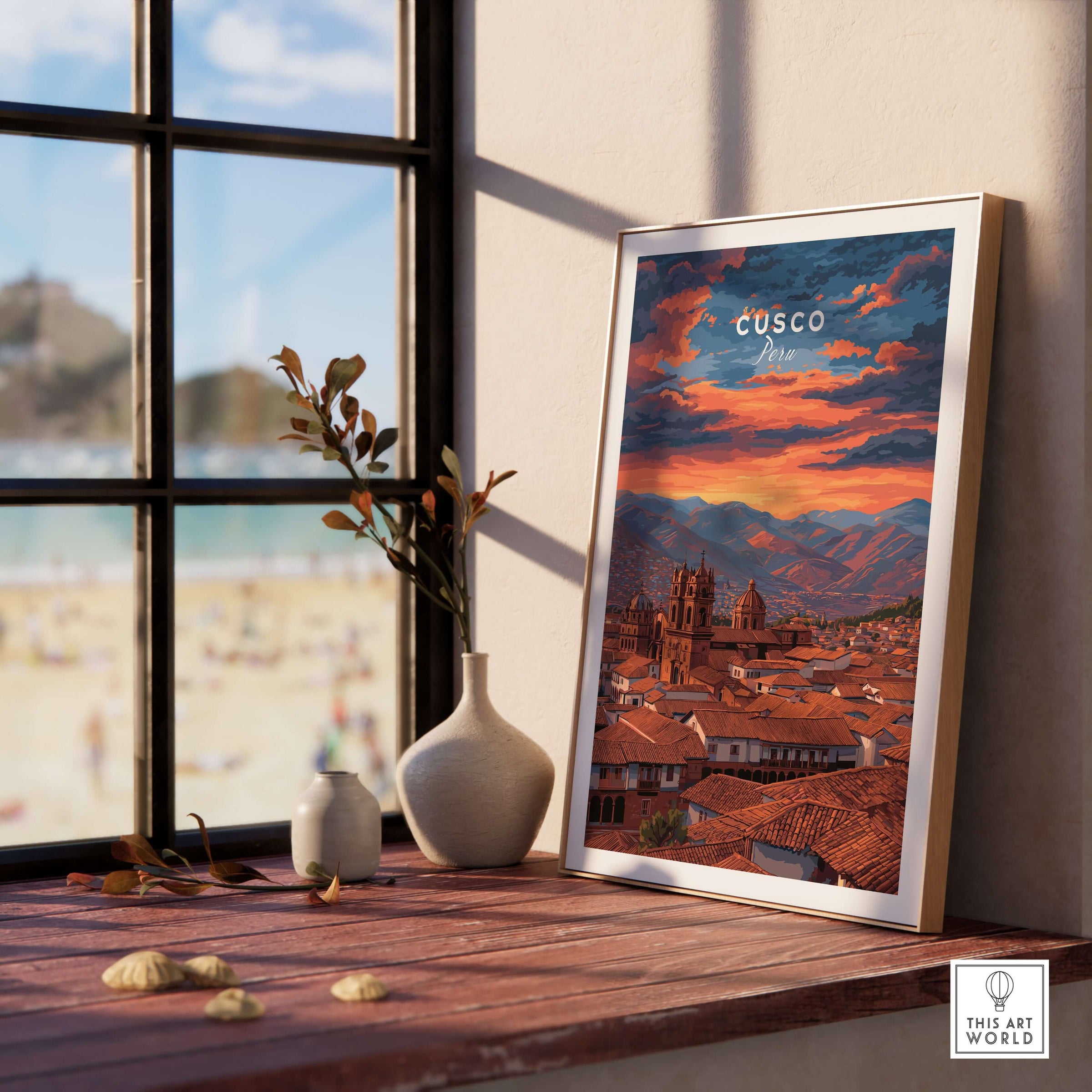Cusco Print | Peru Travel Wall Decor displayed in a cozy room with a scenic view, showcasing Peru's vibrant culture.