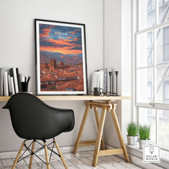Cusco Print | Peru Travel Wall Decor displayed in a minimalist workspace, highlighting Peru's stunning landscapes.