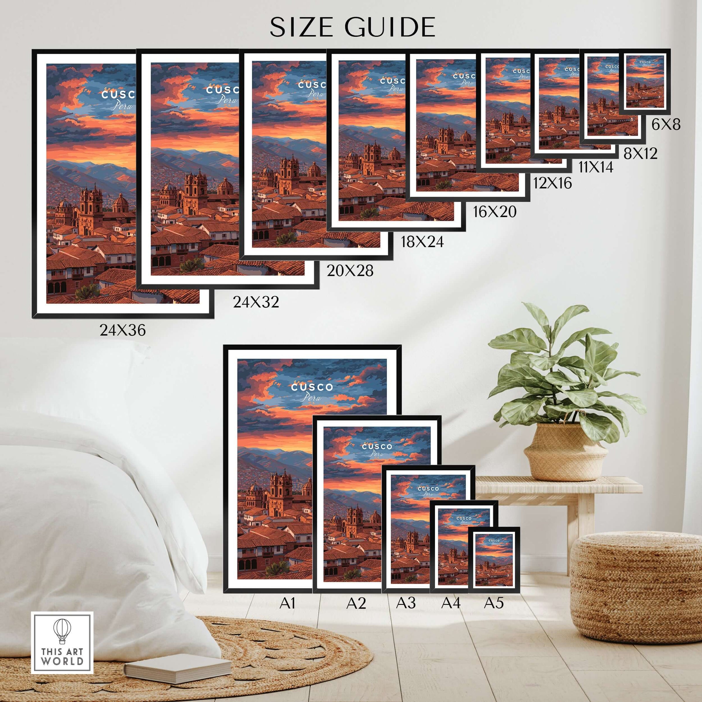 Cusco Print | Peru Travel Wall Decor Size Guide showcasing various frame sizes for home decor.