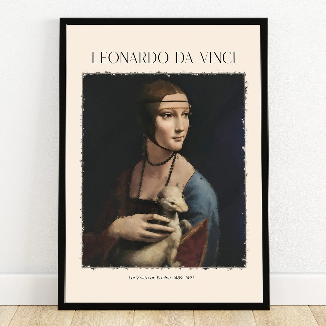 Framed Leonardo da Vinci Lady with an Ermine art print leaning against a white wall