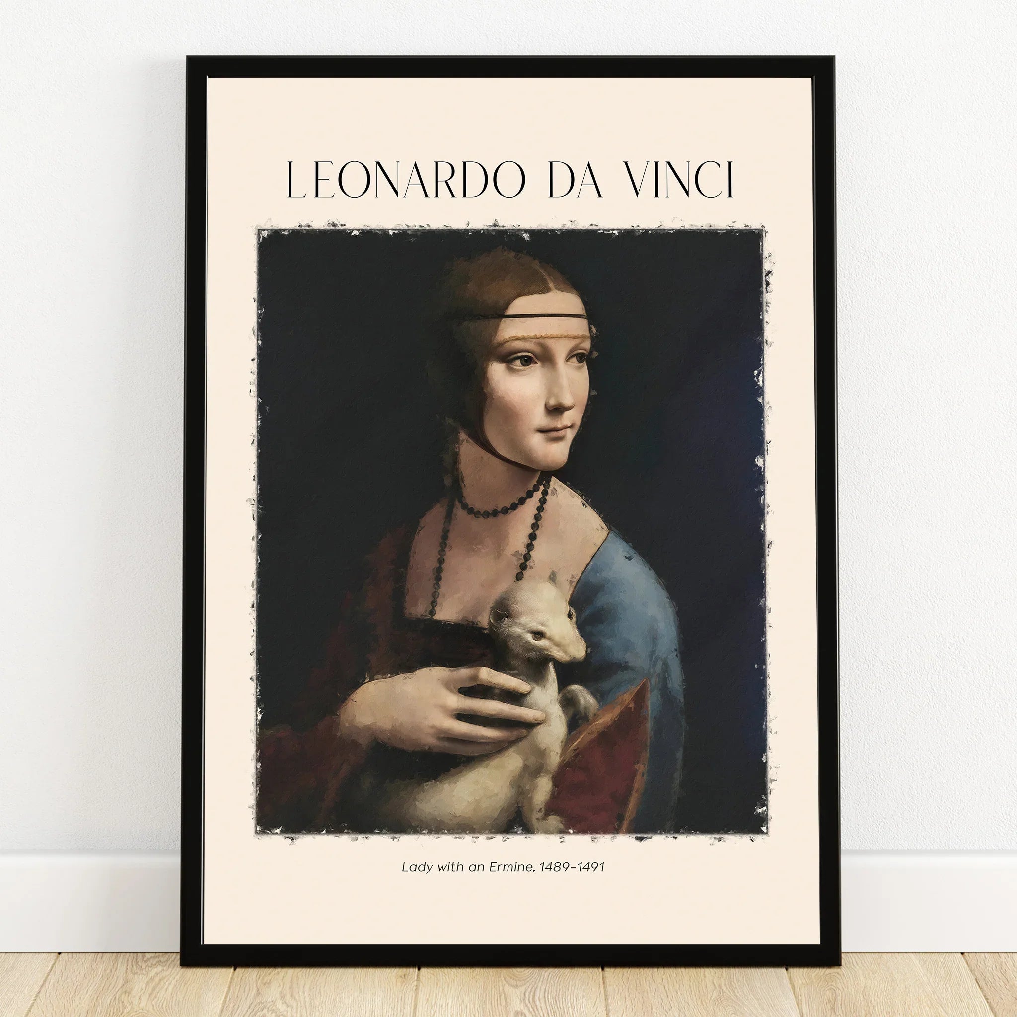 Framed Leonardo da Vinci Lady with an Ermine art print leaning against a white wall