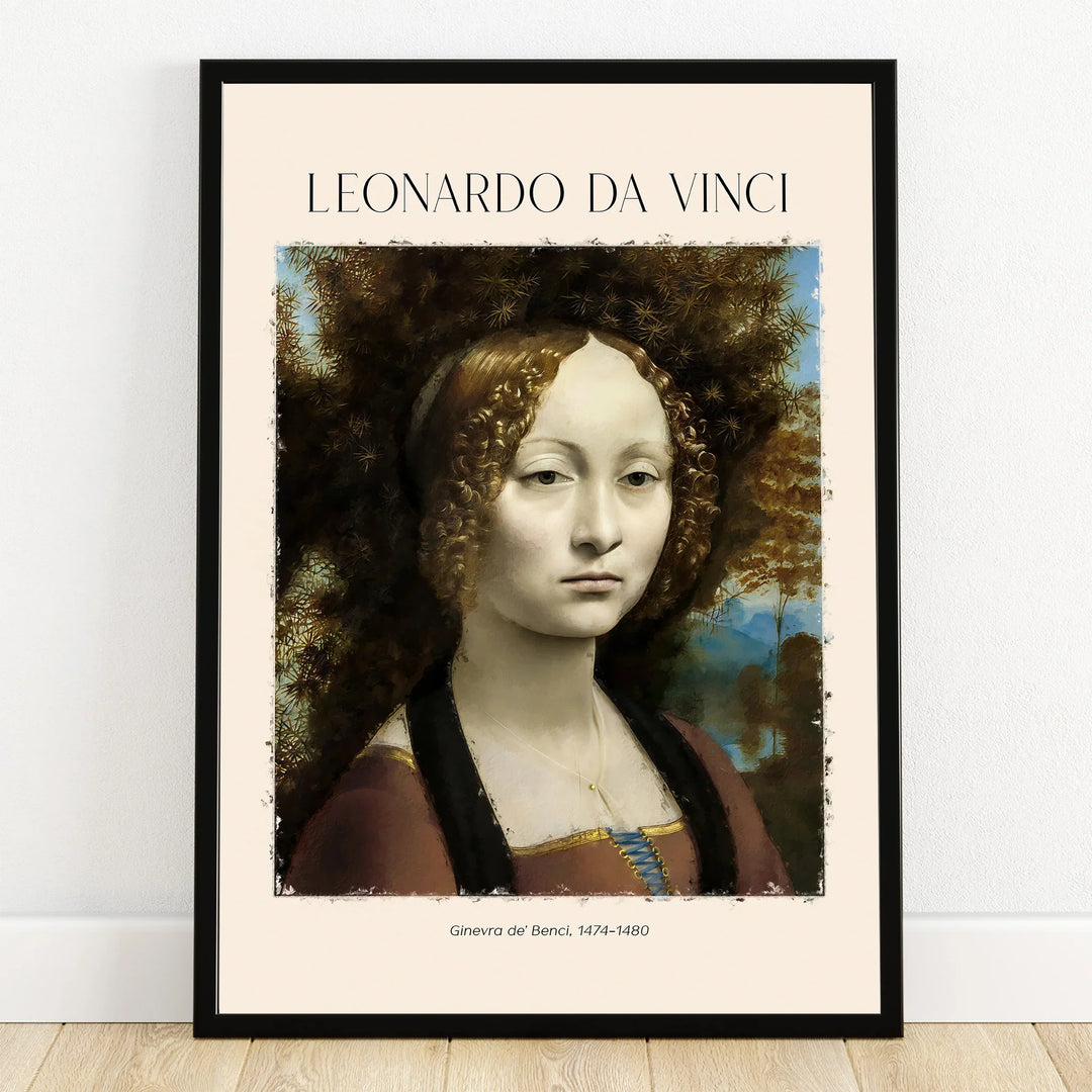 Leonardo da Vinci wall art print featuring Ginevra de' Benci portrait in black frame