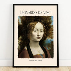 Leonardo da Vinci wall art print featuring Ginevra de' Benci portrait in black frame