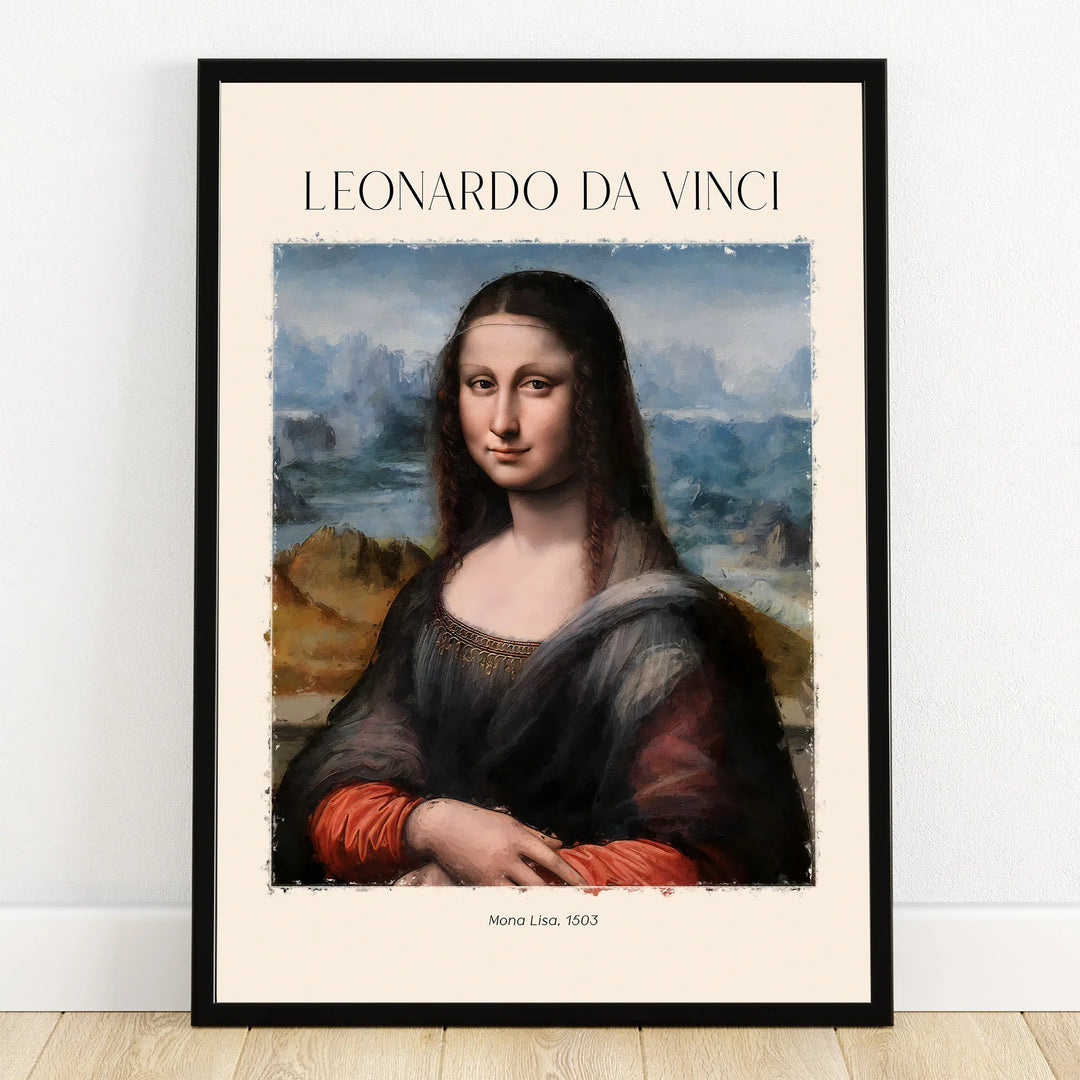 Framed Mona Lisa wall art print with Leonardo da Vinci text, modern home decor