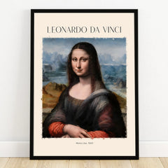 Framed Mona Lisa wall art print with Leonardo da Vinci text, modern home decor