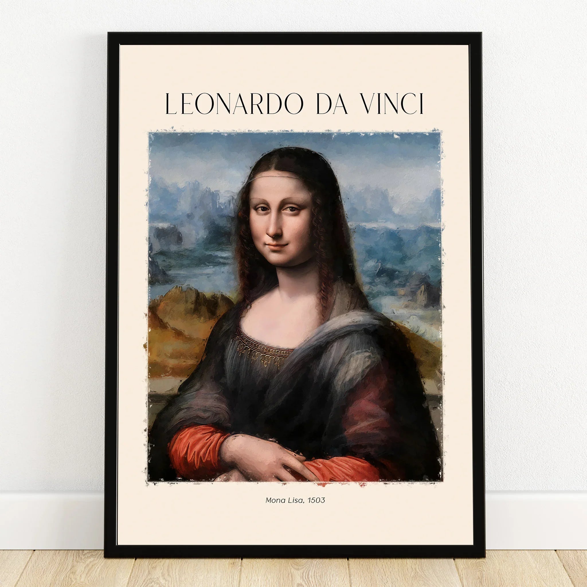 Framed Mona Lisa wall art print with Leonardo da Vinci text, modern home decor