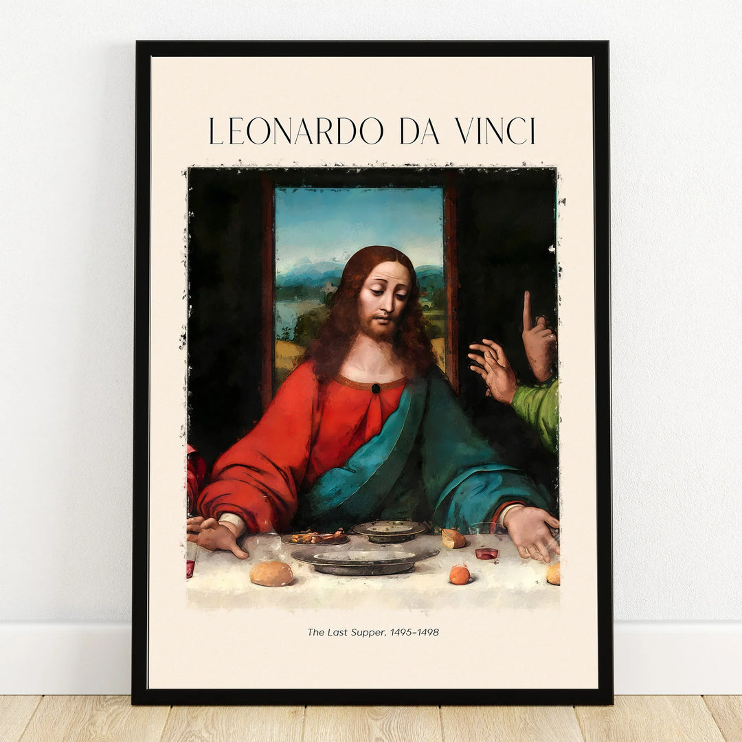 Framed wall art print of Leonardo da Vinci's The Last Supper with bold colors and minimalist layout