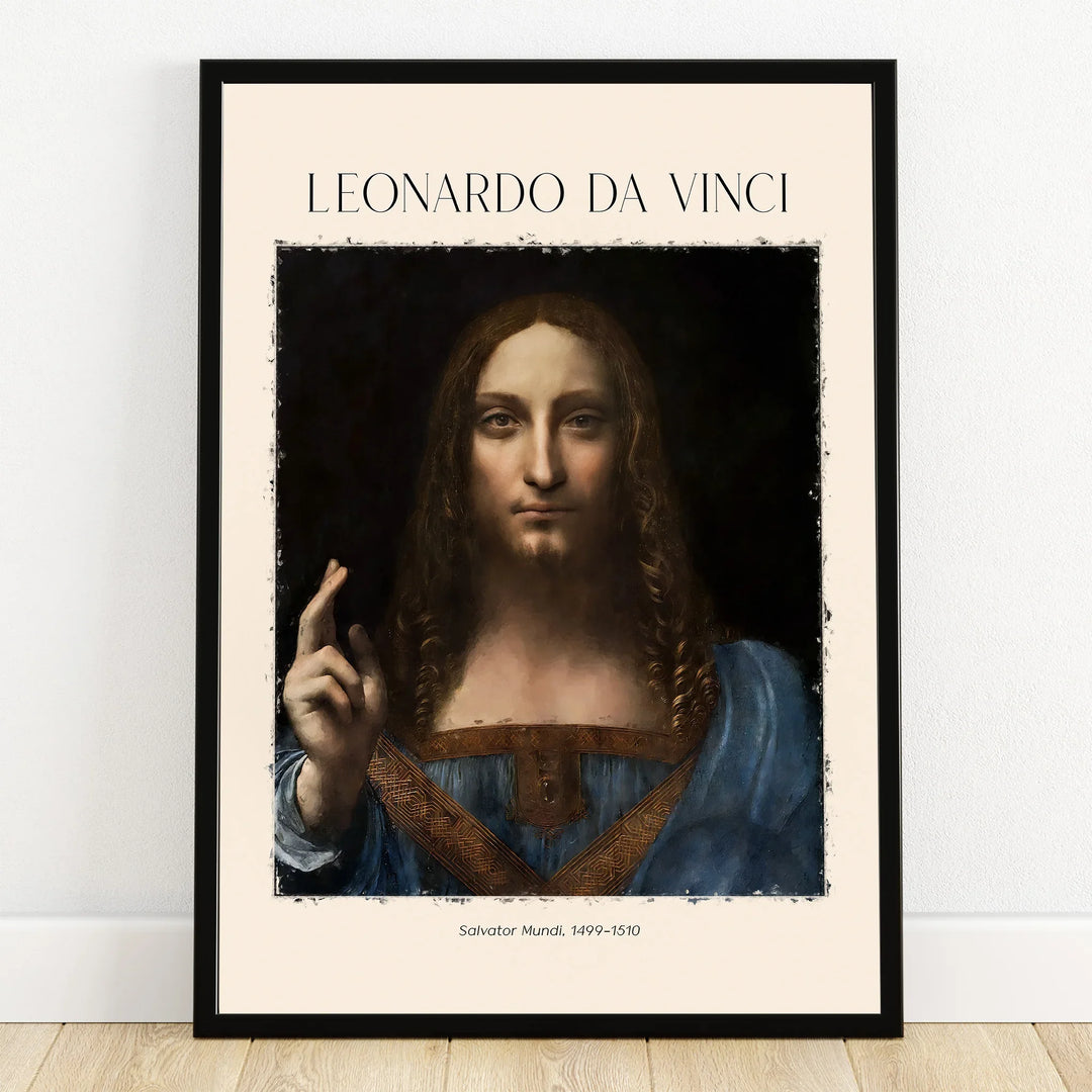 Framed wall art print of Leonardo da Vinci's Salvator Mundi painting for home decor