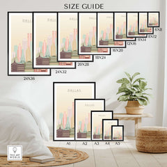 Dallas City Skyline Print | Texas Wall Art Poster size guide showing various frame sizes and orientations.