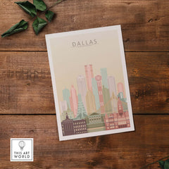 Dallas City Skyline Print | Texas Wall Art Poster showcasing Dallas skyline in pastel colors on a wooden background.