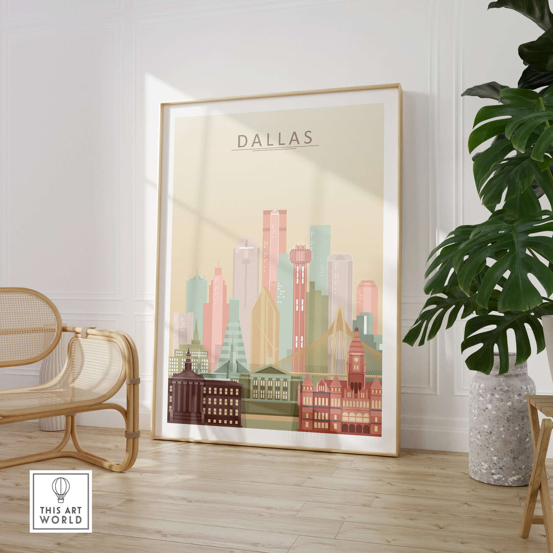 Dallas City Skyline Print in pastel colors, framed wall art highlighting iconic Dallas architecture.