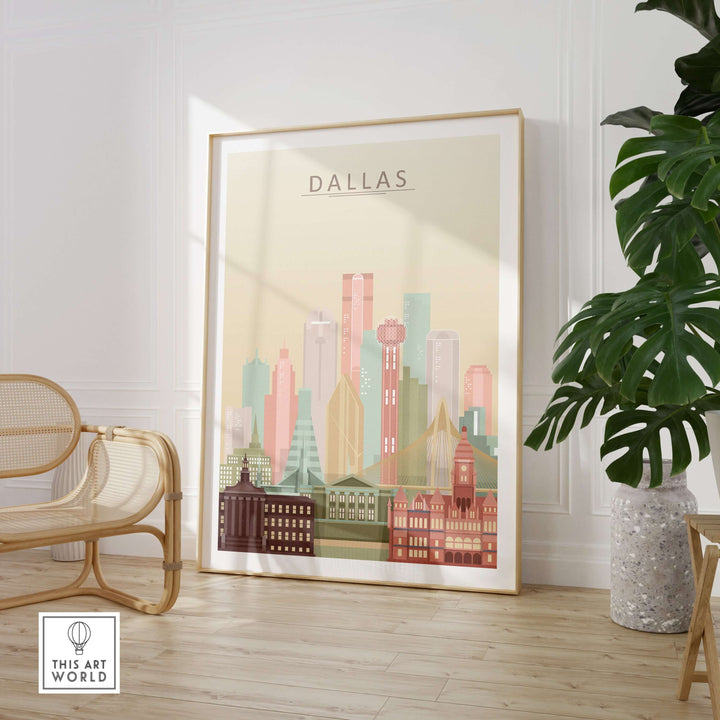 Dallas City Skyline Print in pastel colors, framed wall art highlighting iconic Dallas architecture.