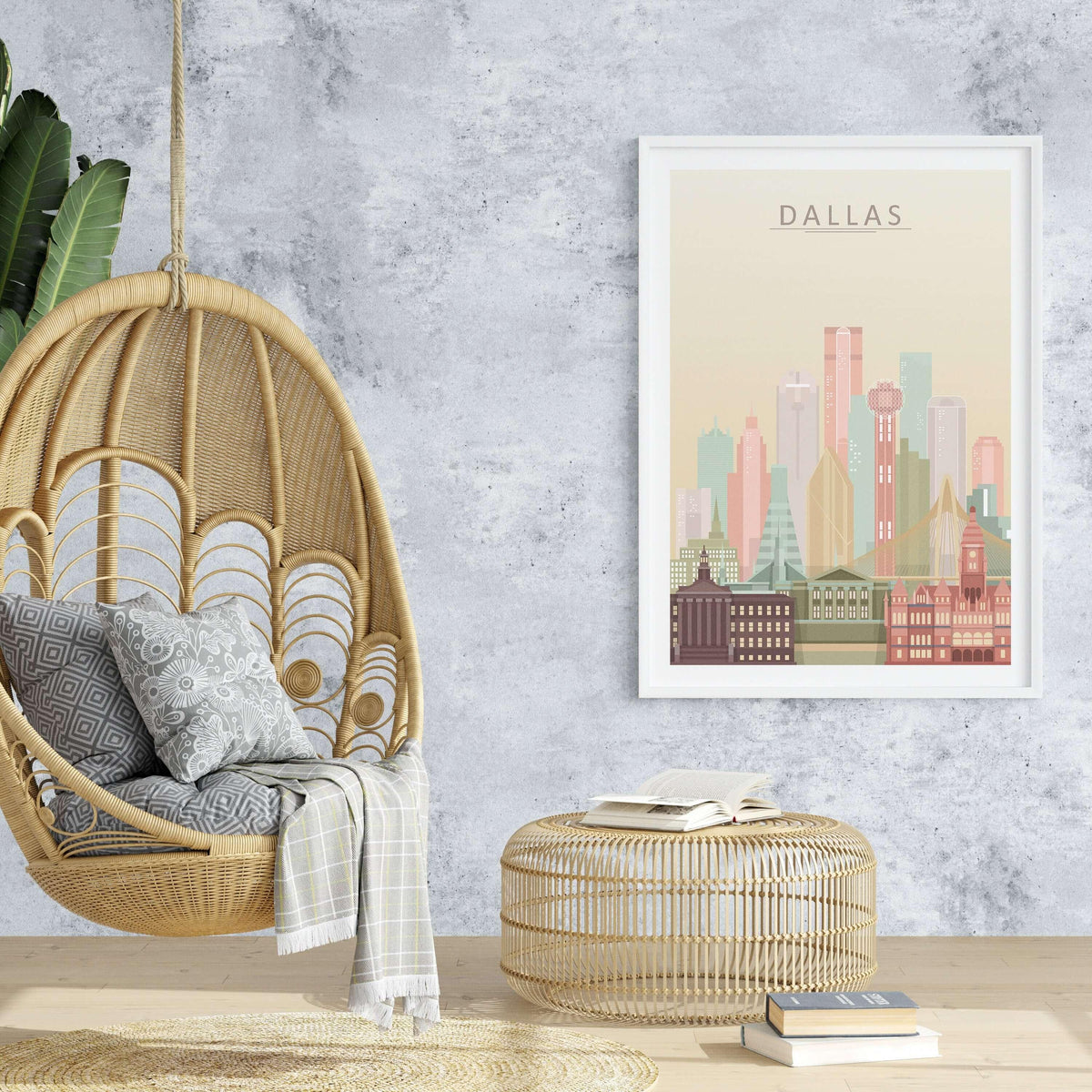 Dallas City Skyline Print | Texas Wall Art Poster featuring a stylish modern interior with a hanging chair and cozy decor.