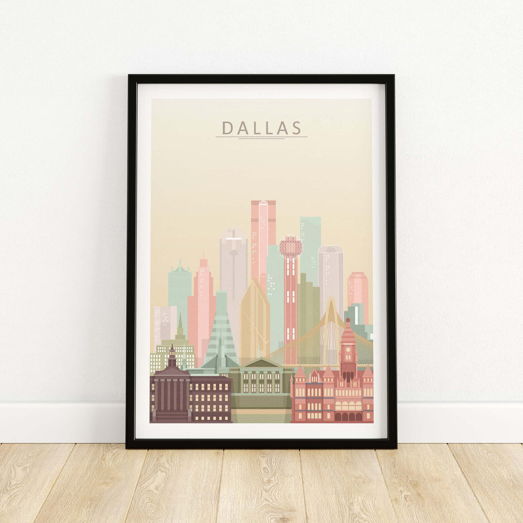 Dallas city skyline print in pastel colors, framed wall art poster showcasing iconic Dallas landmarks.